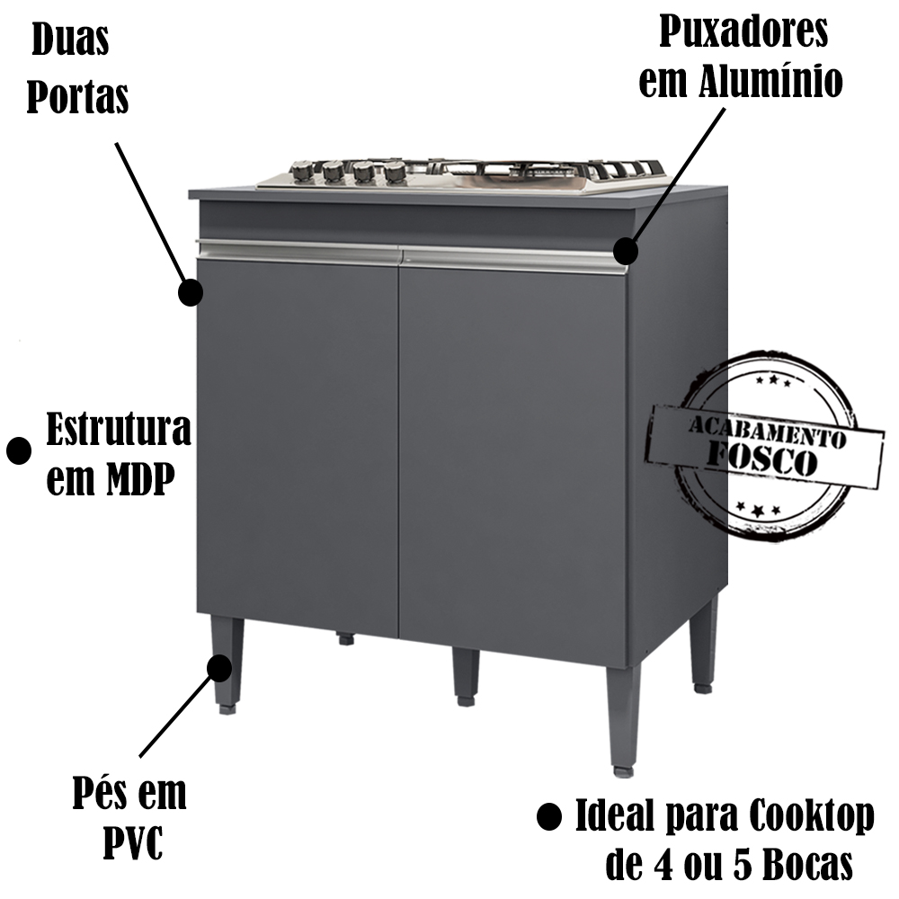 Balcao Com Tampo Cooktop 79 cm 2 Portas Andreia Cinza REAJL
