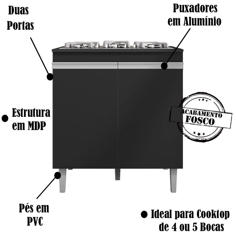Balcao Com Tampo Cooktop 79 cm 2 Portas Andreia Preto REAJL