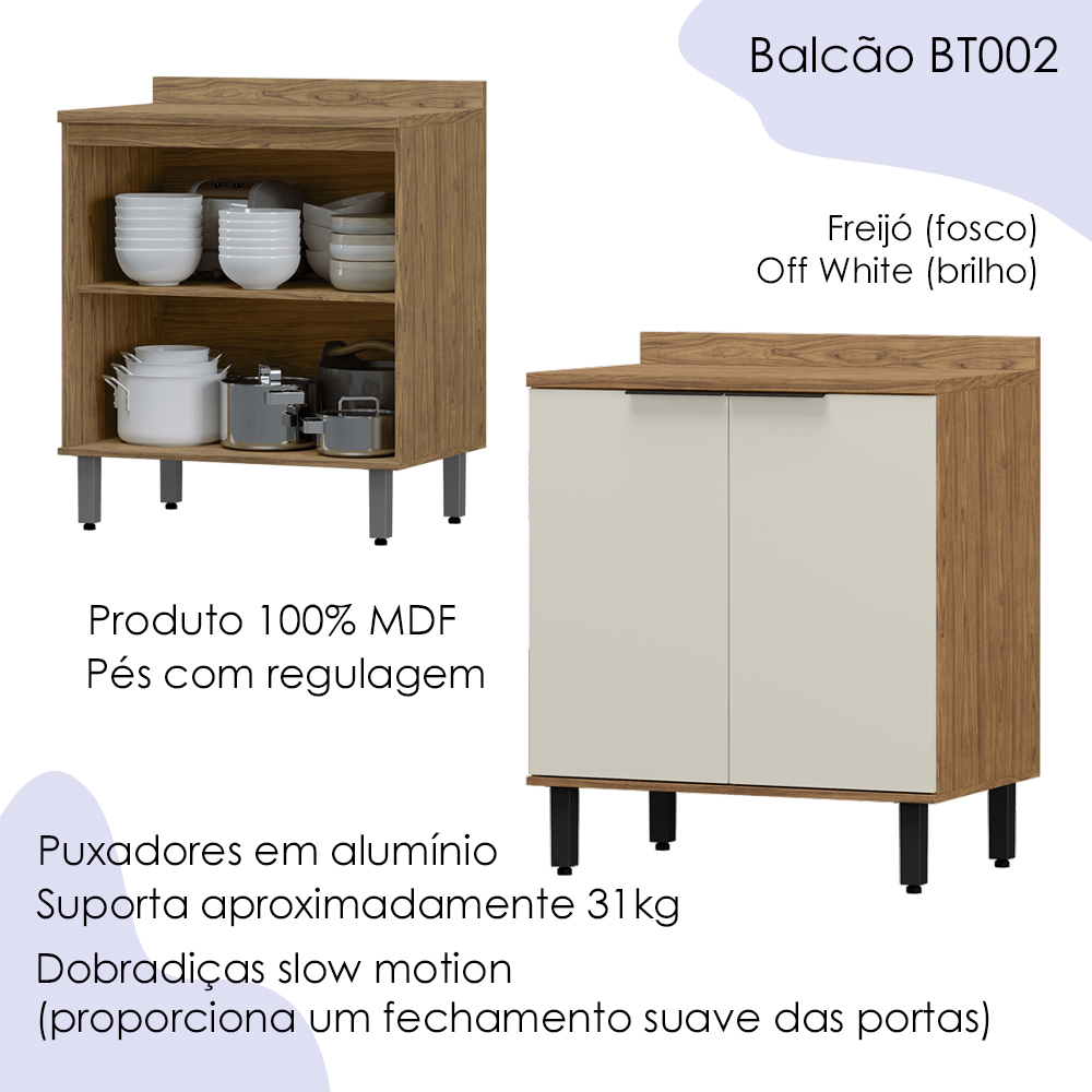 Balcao Com Tampo MDF 80 cm 2 Portas Tosc BT002 Freijo Off White MXM