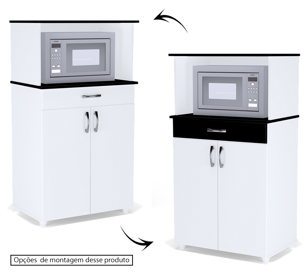 Balcao Para Microondas 1 Gaveta Carina Branco Preto Flex REAJL Moveis