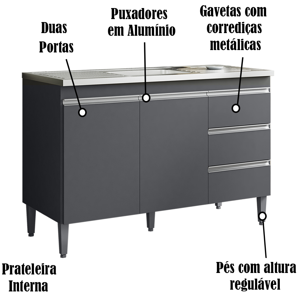 Balcao Para Pia 116 cm 2 Portas Andreia Cinza REAJL