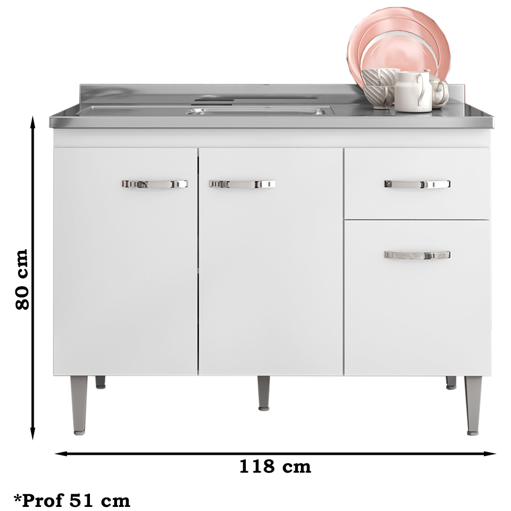 Balcao Para Pia 118 cm 3 Portas Gabriela Branco Preto Flex REAJL