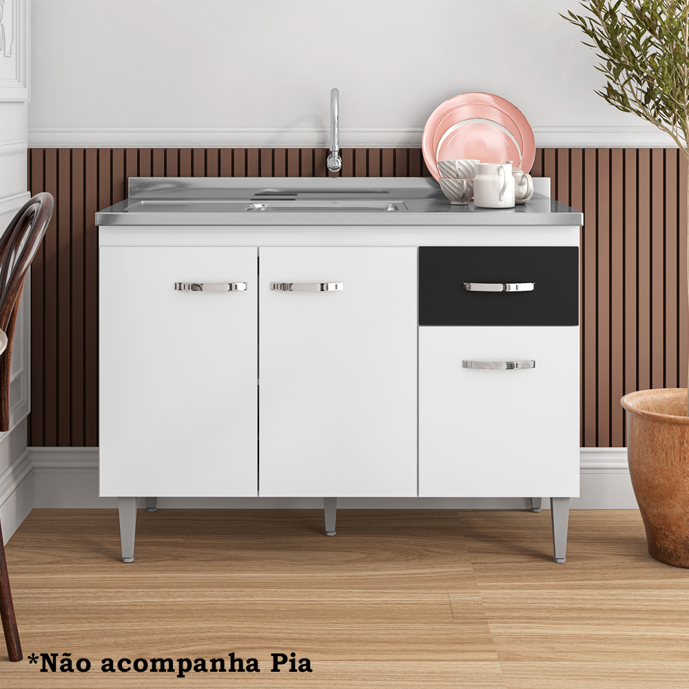 Balcao Para Pia 118 cm 3 Portas Gabriela Branco Preto Flex REAJL