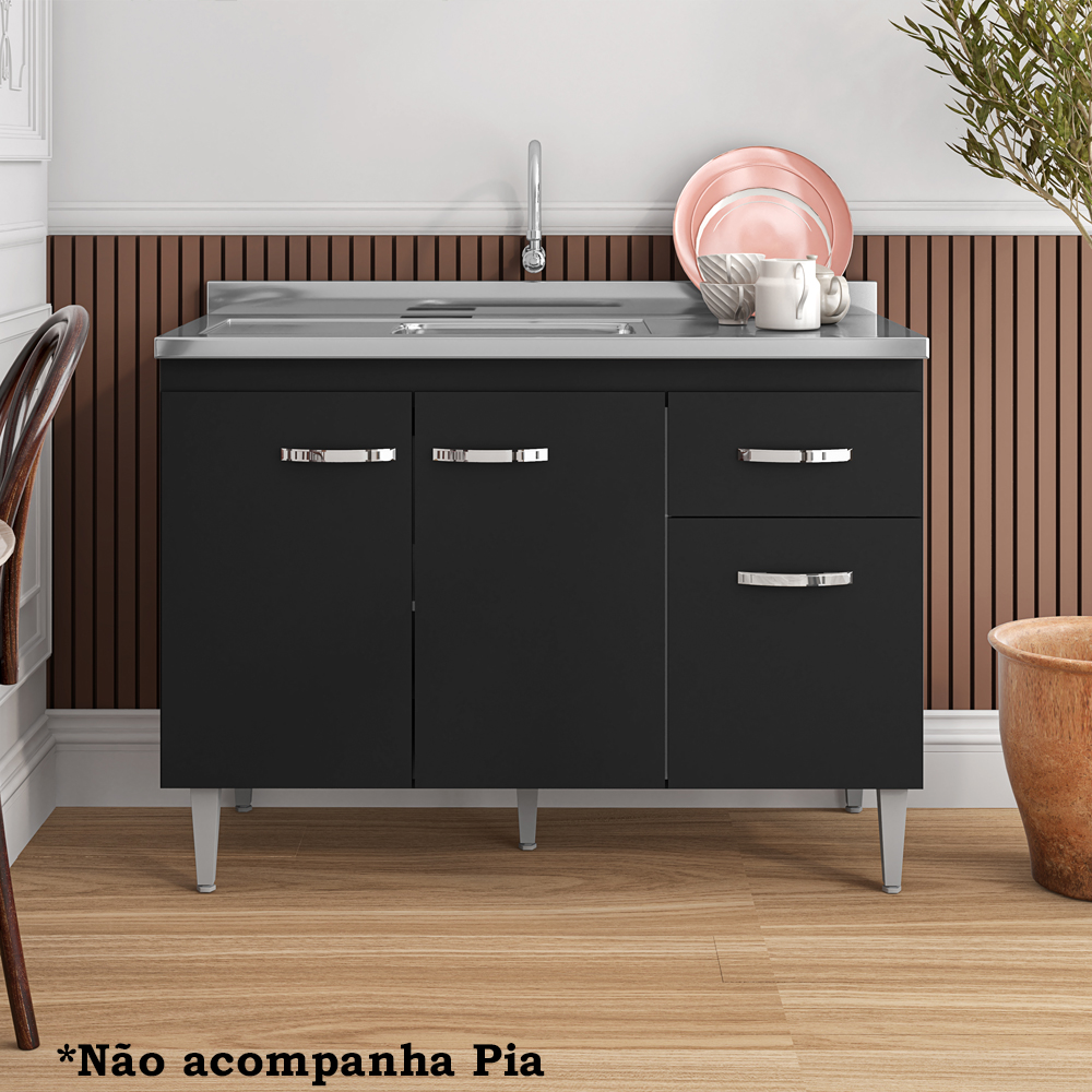 Balcao Para Pia 118 cm 3 Portas Gabriela Preto REAJL