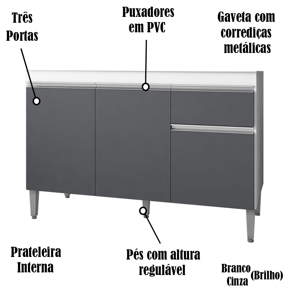 Balcao Para Pia 118 cm 3 Portas Tatiane Branco Cinza REAJL
