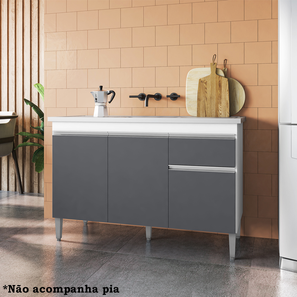 Balcao Para Pia 118 cm 3 Portas Tatiane Branco Cinza REAJL