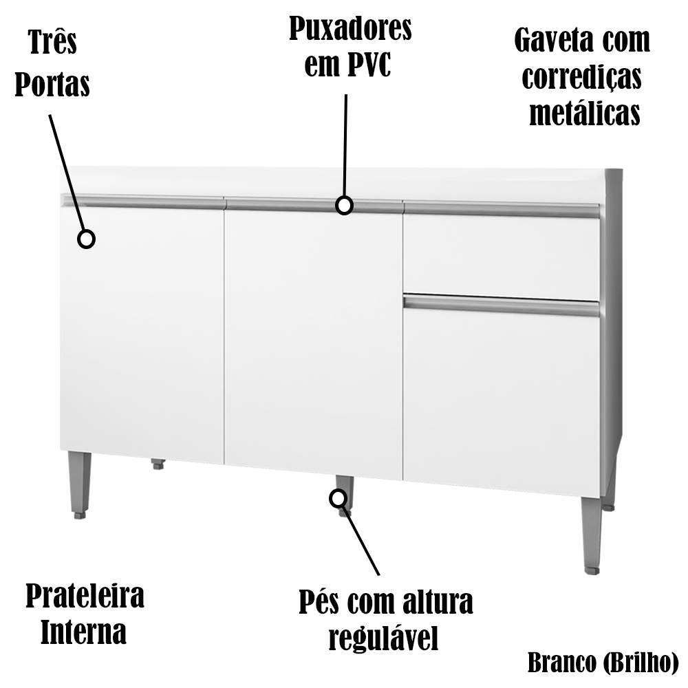 Balcao Para Pia 118 cm 3 Portas Tatiane Branco REAJL