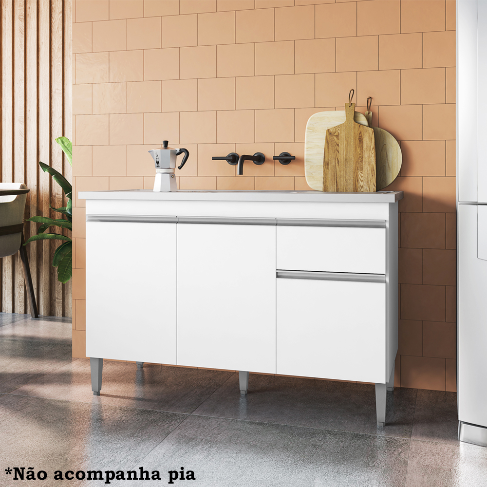 Balcao Para Pia 118 cm 3 Portas Tatiane Branco REAJL