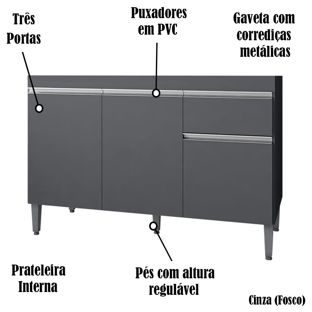 Balcao Para Pia 118 cm 3 Portas Tatiane Cinza REAJL