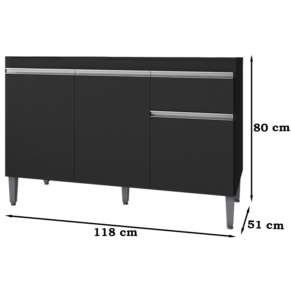 Balcao Para Pia 118 cm 3 Portas Tatiane Preto REAJL