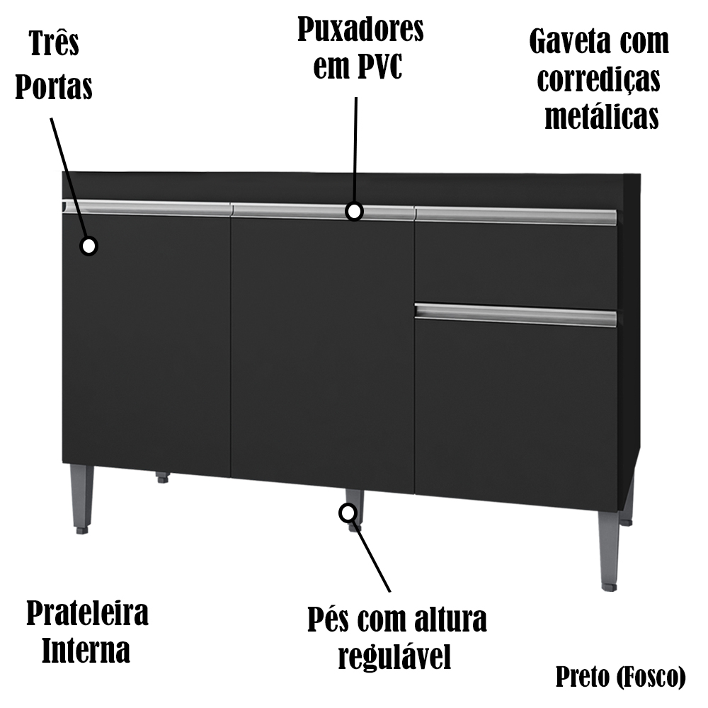Balcao Para Pia 118 cm 3 Portas Tatiane Preto REAJL