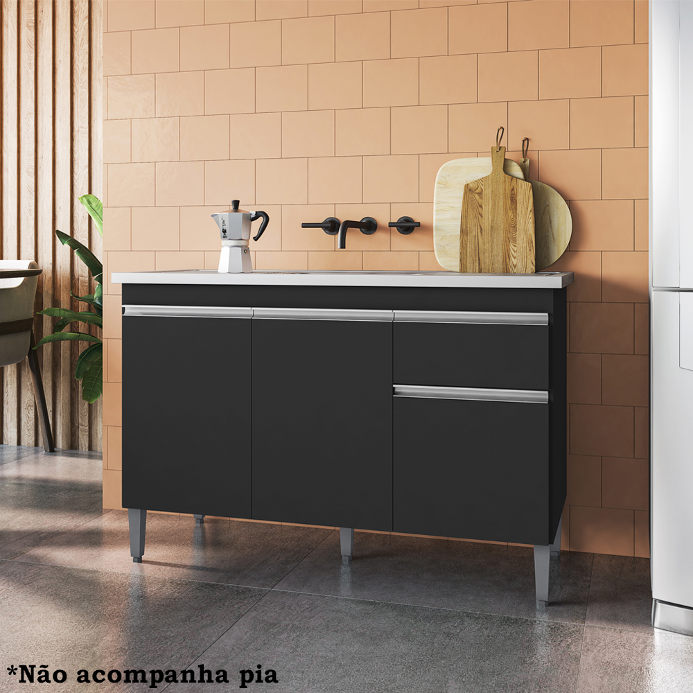 Balcao Para Pia 118 cm 3 Portas Tatiane Preto REAJL