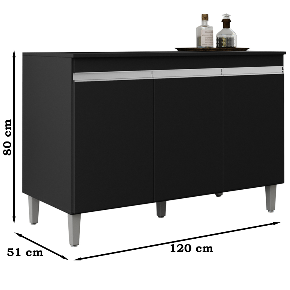 Balcao Para Pia 120 cm 3 Portas Manu Preto REAJL