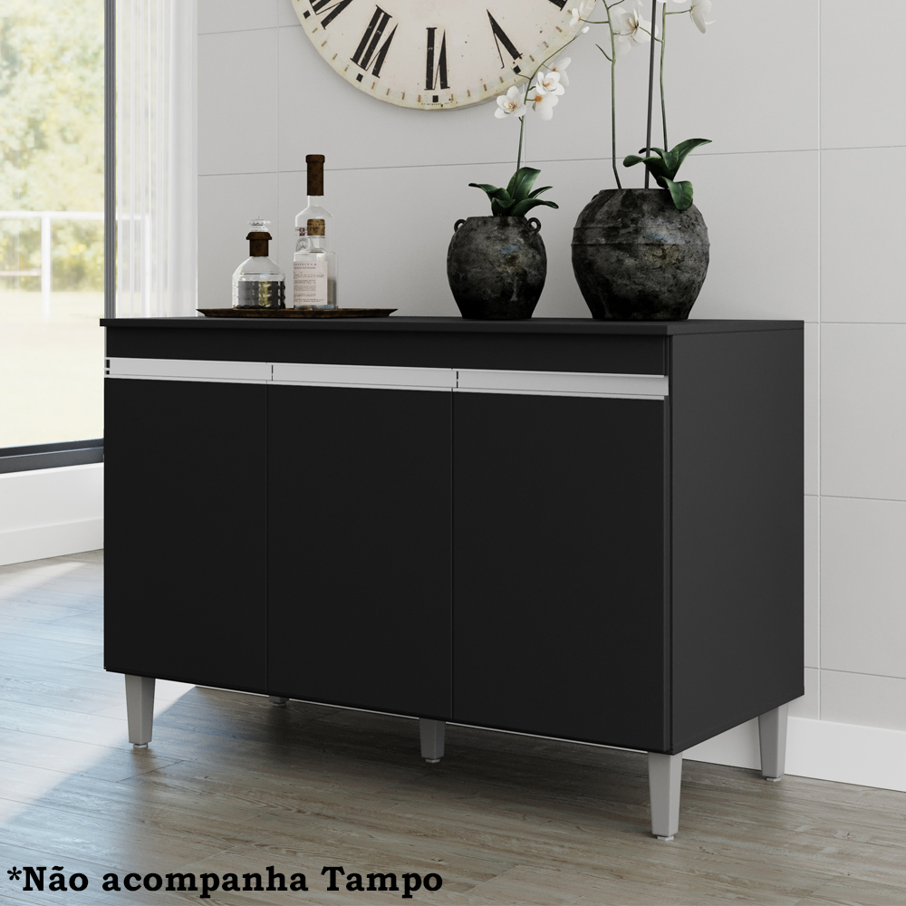 Balcao Para Pia 120 cm 3 Portas Manu Preto REAJL