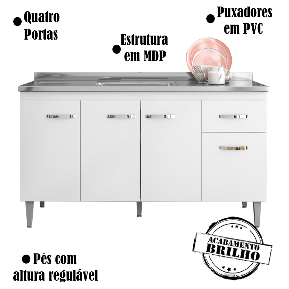 Balcao Para Pia 145 cm 4 Portas Gabriela Branco Preto Flex REAJL