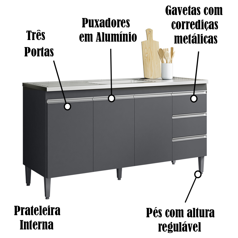Balcao Para Pia 155 cm 3 Portas Andreia Cinza REAJL