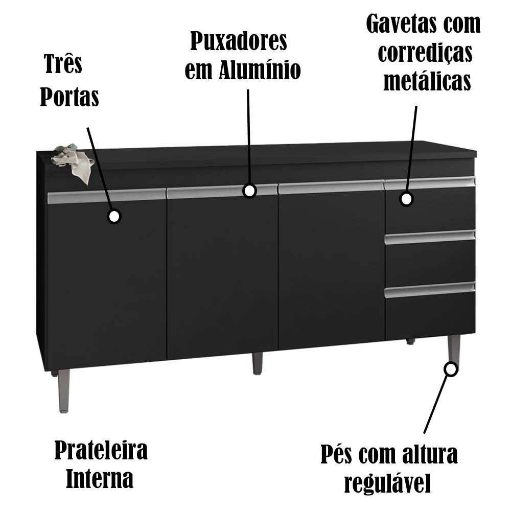 Balcao Para Pia 155 cm 3 Portas Andreia Preto REAJL