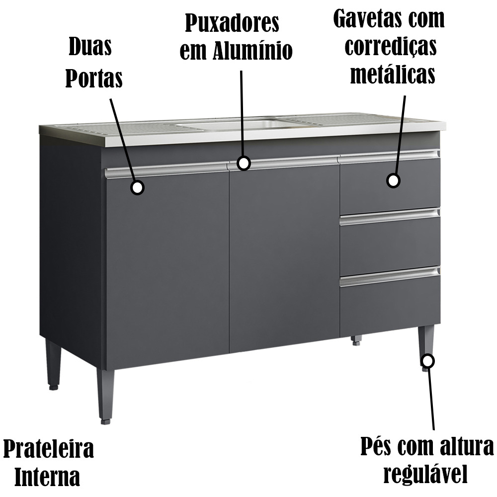 Balcao Para Pia 97 cm 2 Portas Andreia Cinza REAJL