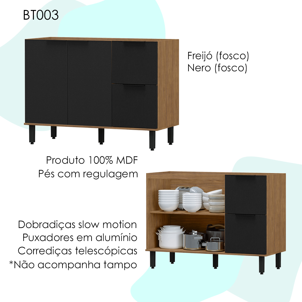 Balcao Para Pia Sem Tampo MDF 120 cm Tosc BT003 Freijo Nero MXM