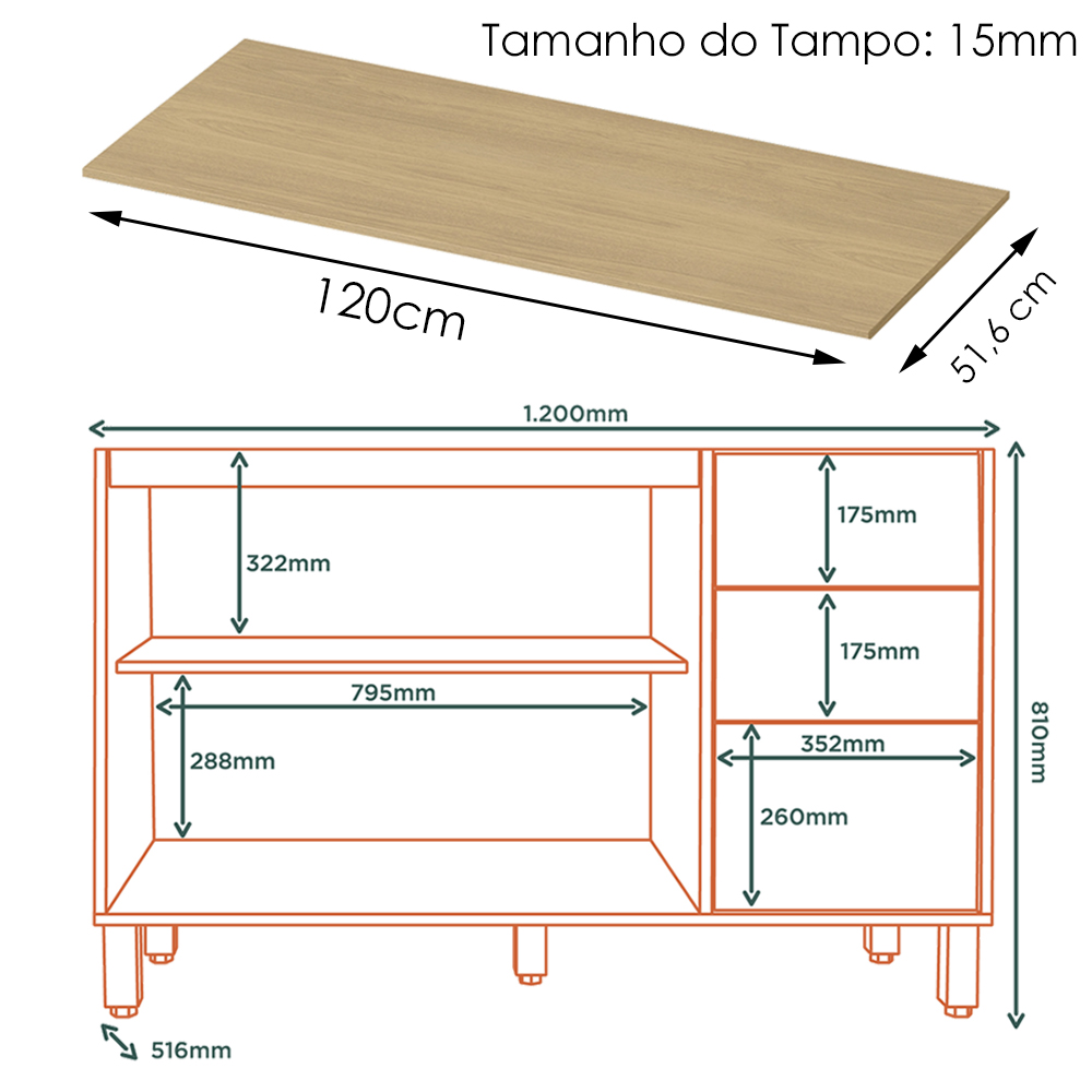 Balcao Pia Com Tampo 120 cm GLOR BGTG12 Branco Neve MXM