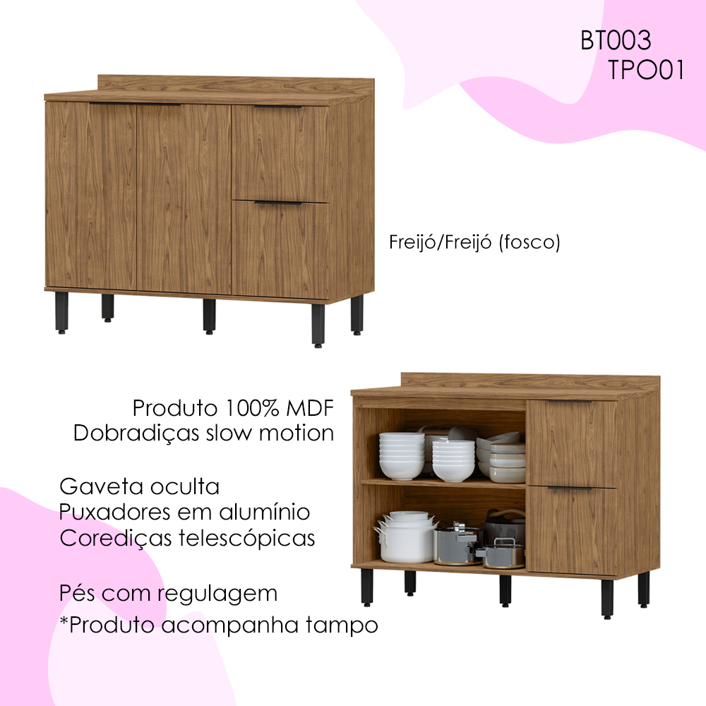 Balcao Pia Com Tampo MDF 120 cm Tosc BT3 TP1 Freijo Freijo MXM