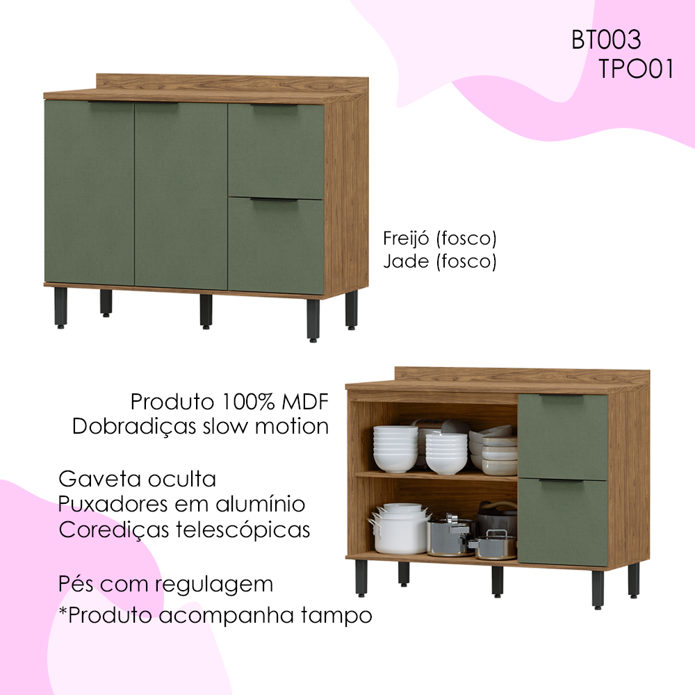 Balcao Pia Com Tampo MDF 120 cm Tosc BT3 TP1 Freijo Jade MXM