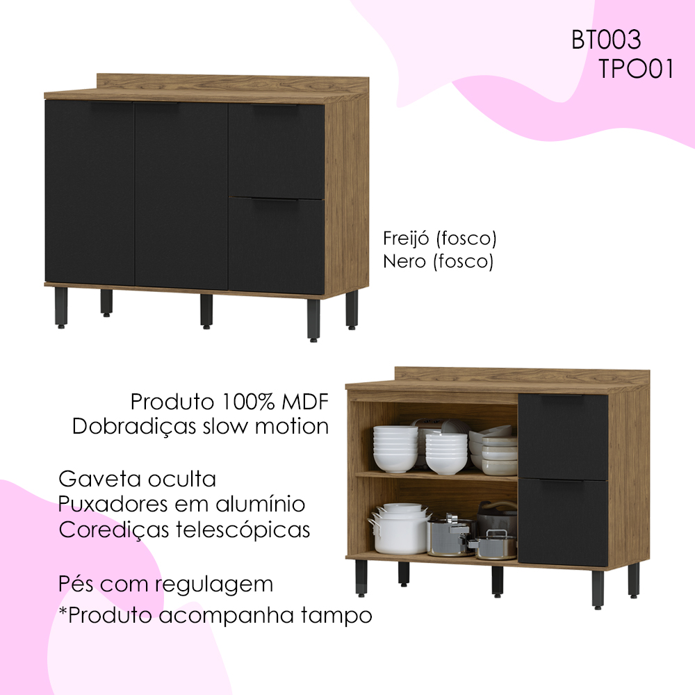 Balcao Pia Com Tampo MDF 120 cm Tosc BT3 TP1 Freijo Nero MXM