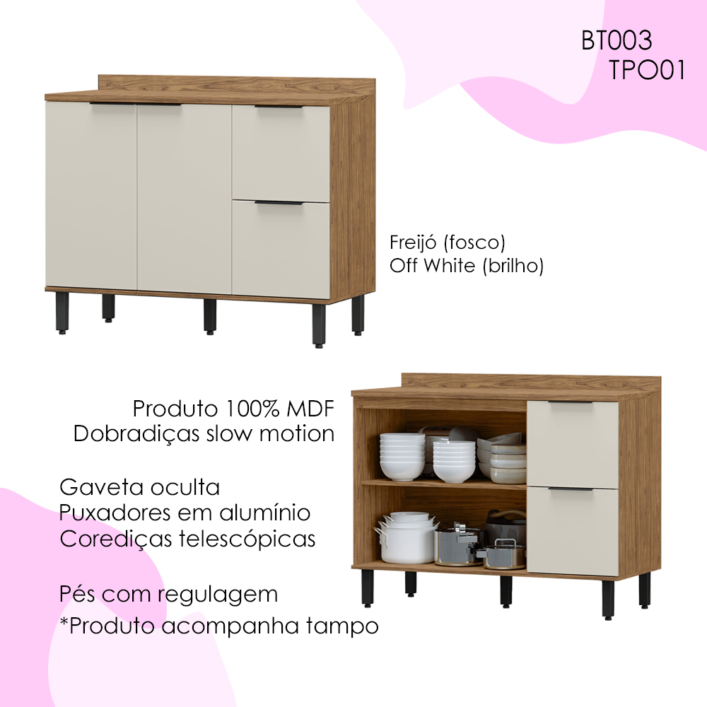 Balcao Pia Com Tampo MDF 120 cm Tosc BT3 TP1 Freijo Off White MXM