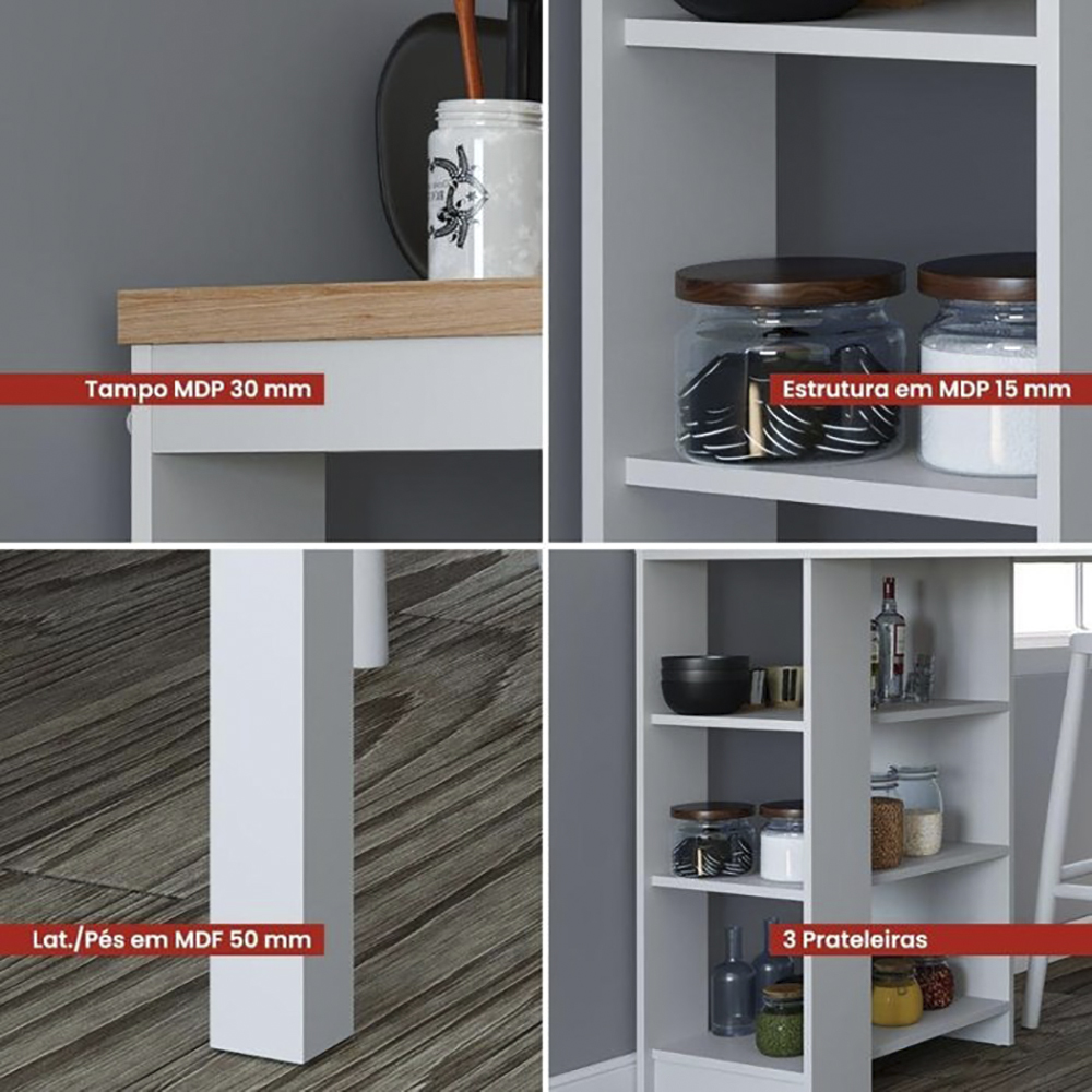 Bancada Ilha Cozinha 3 Prateleiras 90x60 cm CD1022 Branco Dtall