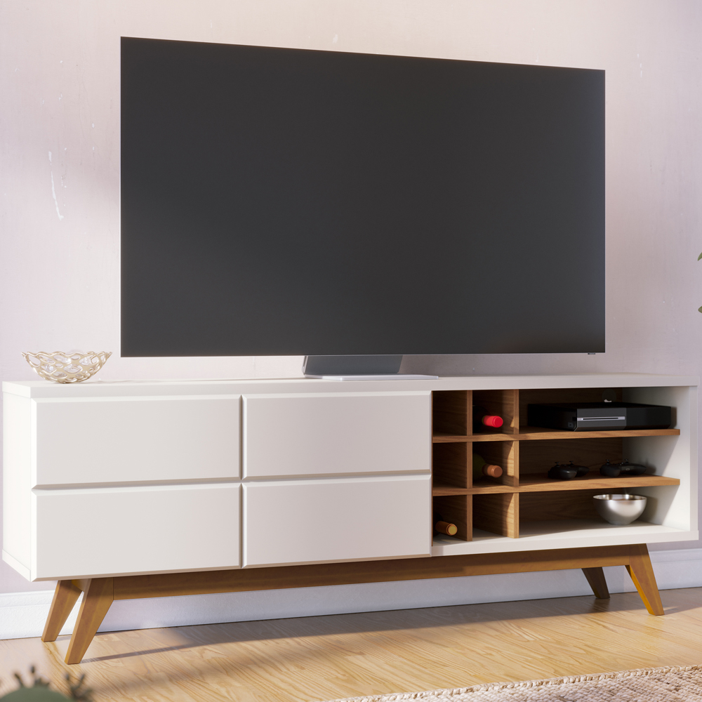 Bancada Rack Para TV 70 Polegadas Com Adega Noronha Off White Matte Freijo CLB