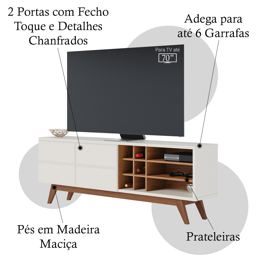 Bancada Rack Para TV 70 Polegadas Com Adega Noronha Off White Matte Freijo CLB