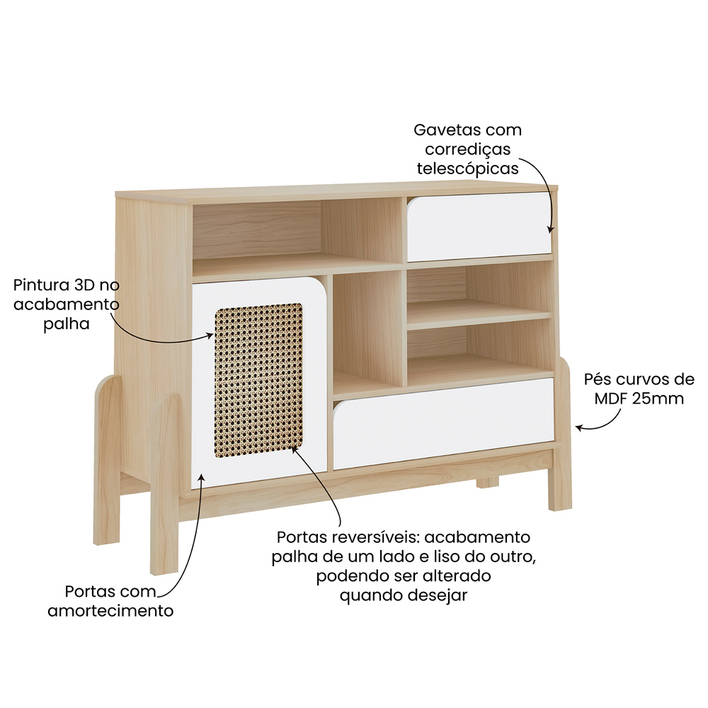 Buffet Aparador 1P 2G 122 cm 4607 Naturale Branco ARLY