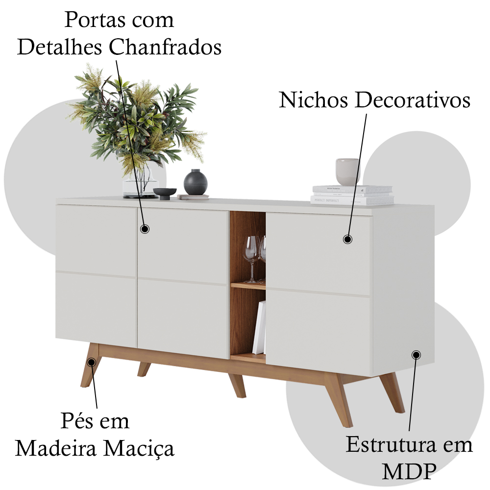 Buffet Bancada 3 Portas 160 cm Noronha Off White Matte Freijo CLB