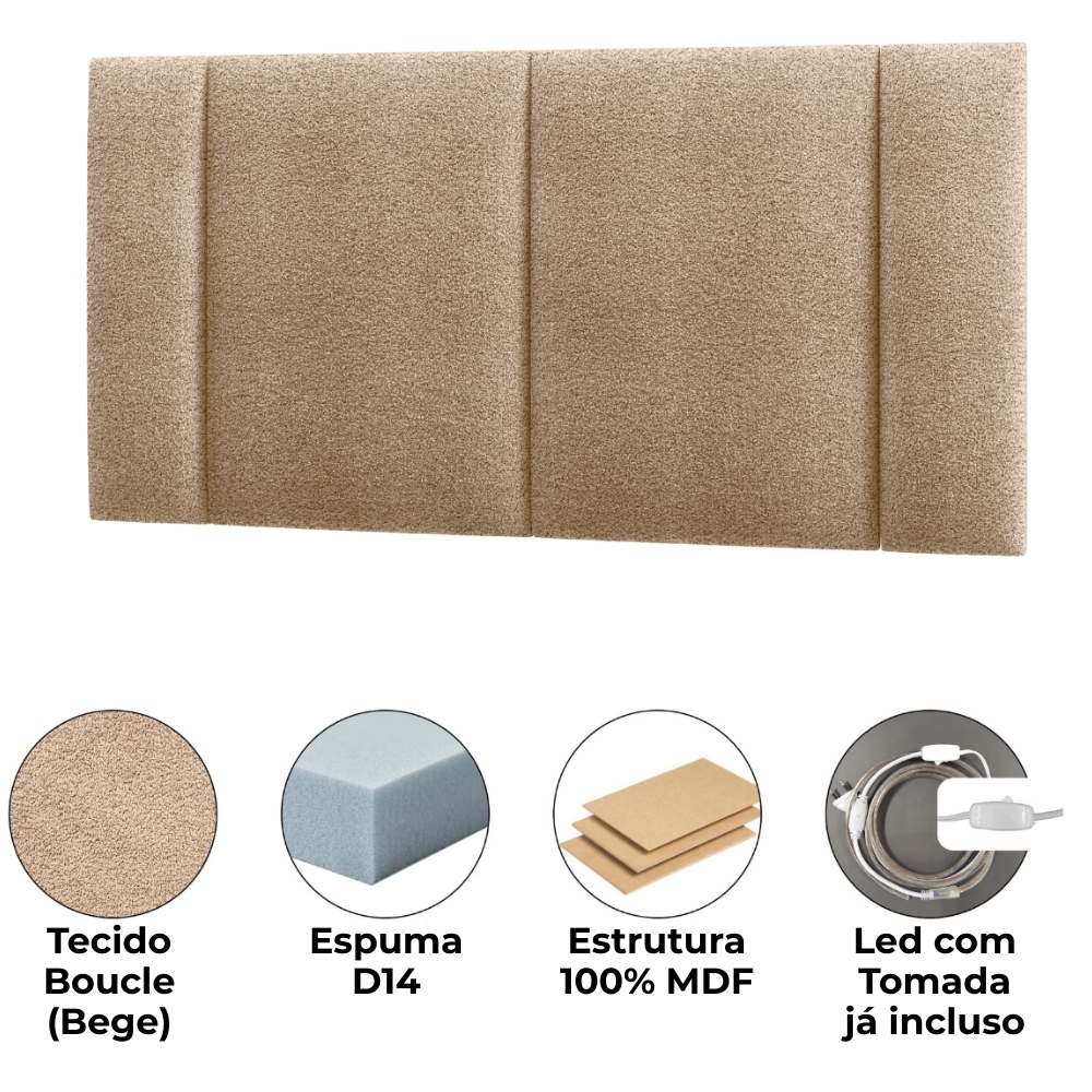 Cabeceira Modulada Casal 140 cm Com Led Boucle Bege Milani Store