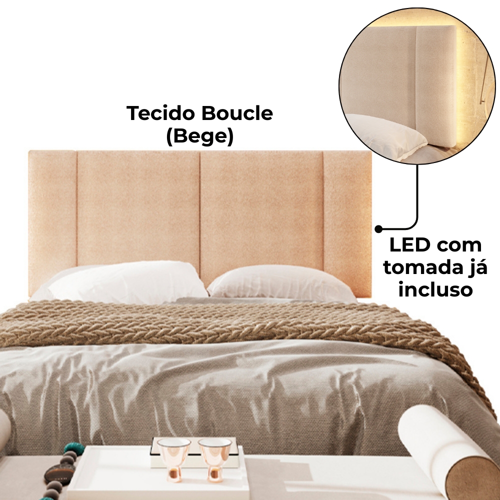 Cabeceira Modulada Casal 140 cm Com Led Boucle Bege Milani Store
