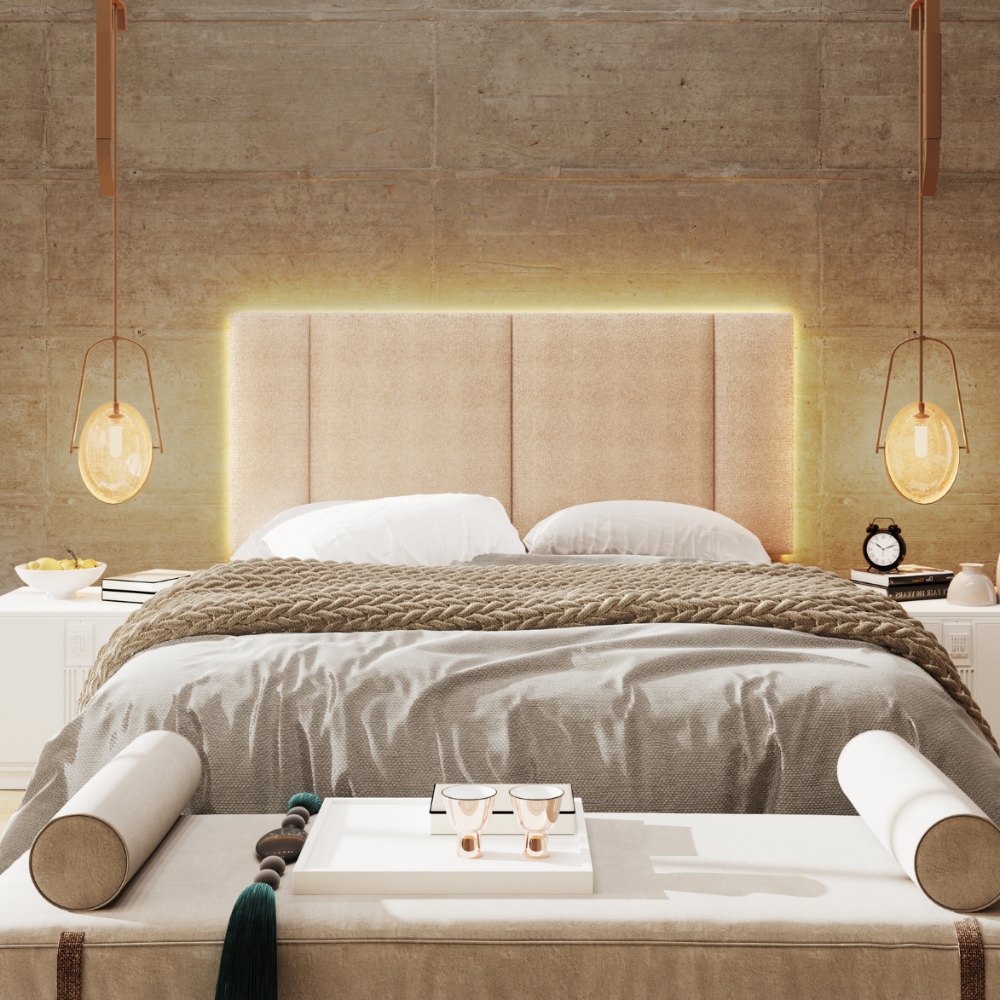 Cabeceira Modulada Casal 140 cm Com Led Boucle Bege Milani Store