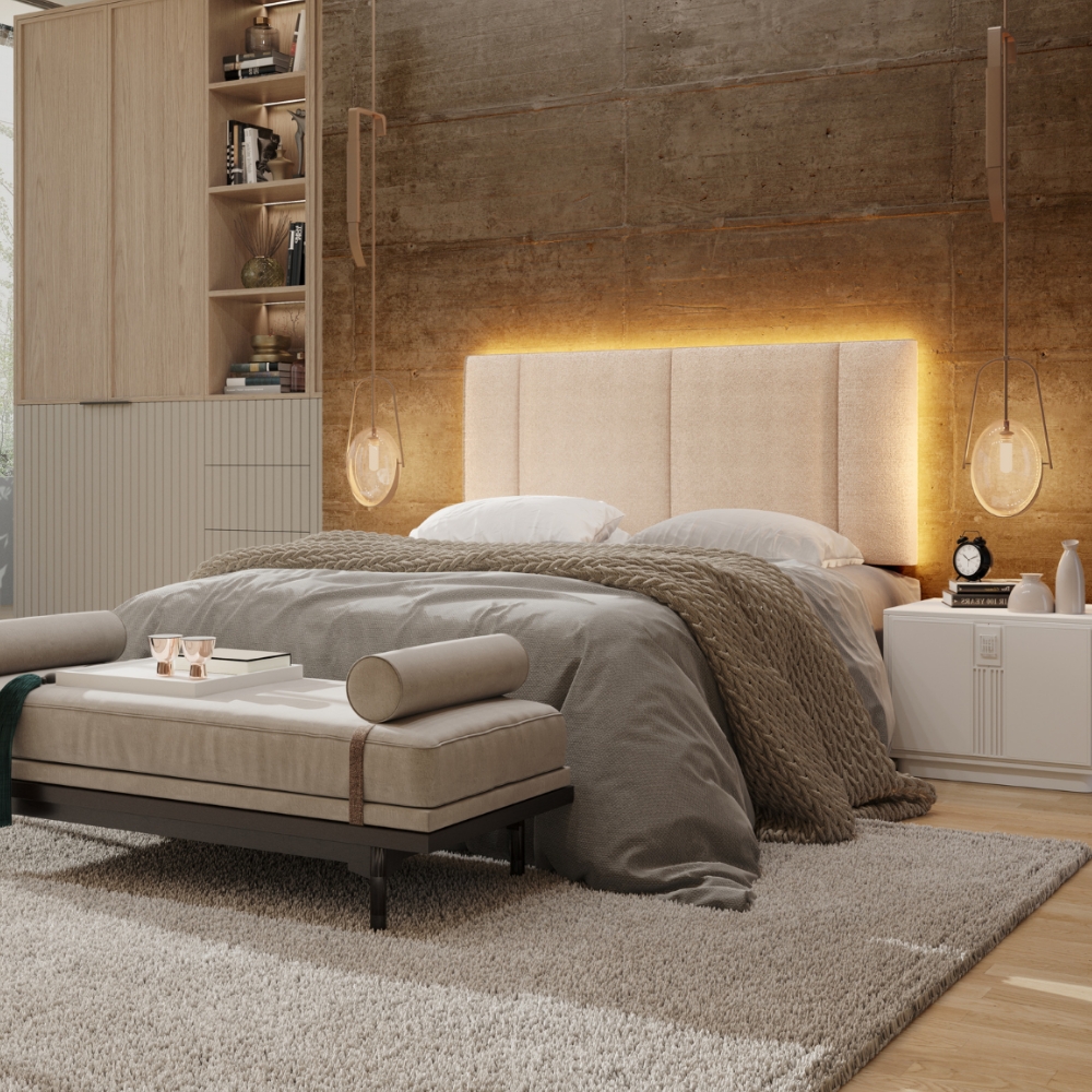 Cabeceira Modulada Casal 140 cm Com Led Boucle Bege Milani Store