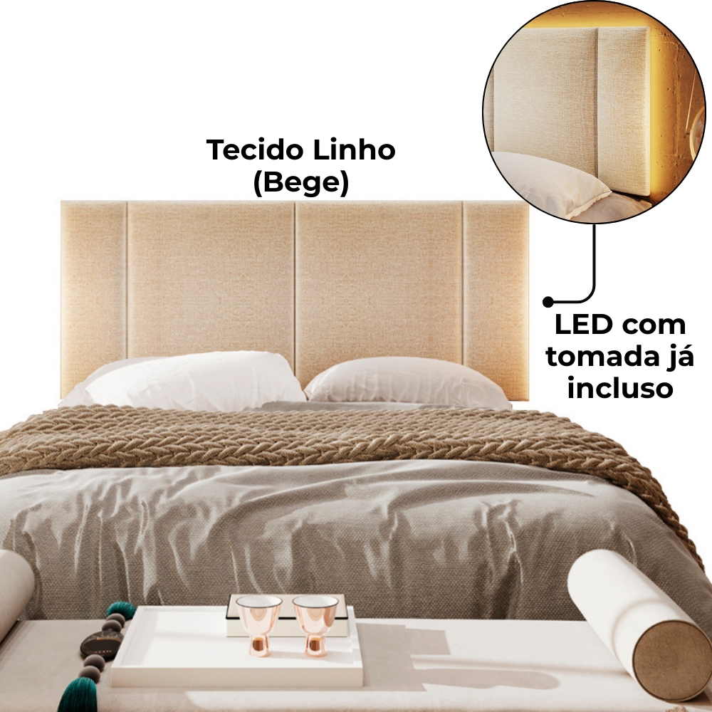 Cabeceira Modulada Casal 140 cm Com Led Linho Bege Milani Store