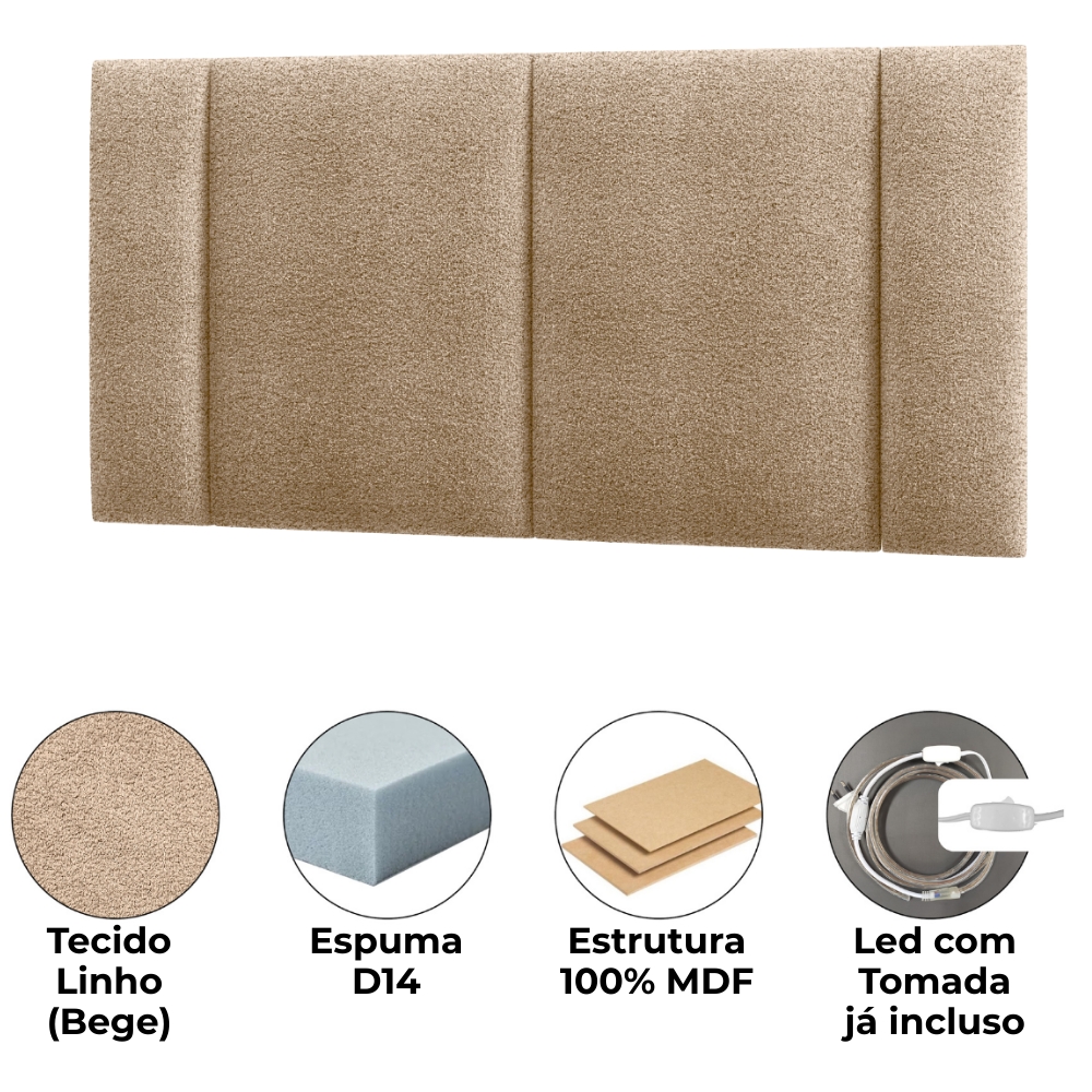 Cabeceira Modulada Casal 140 cm Com Led Linho Bege Milani Store
