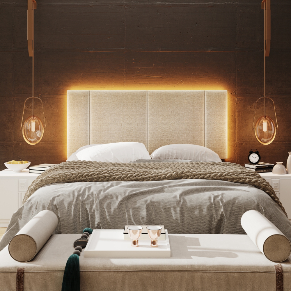 Cabeceira Modulada Casal 140 cm Com Led Linho Bege Milani Store