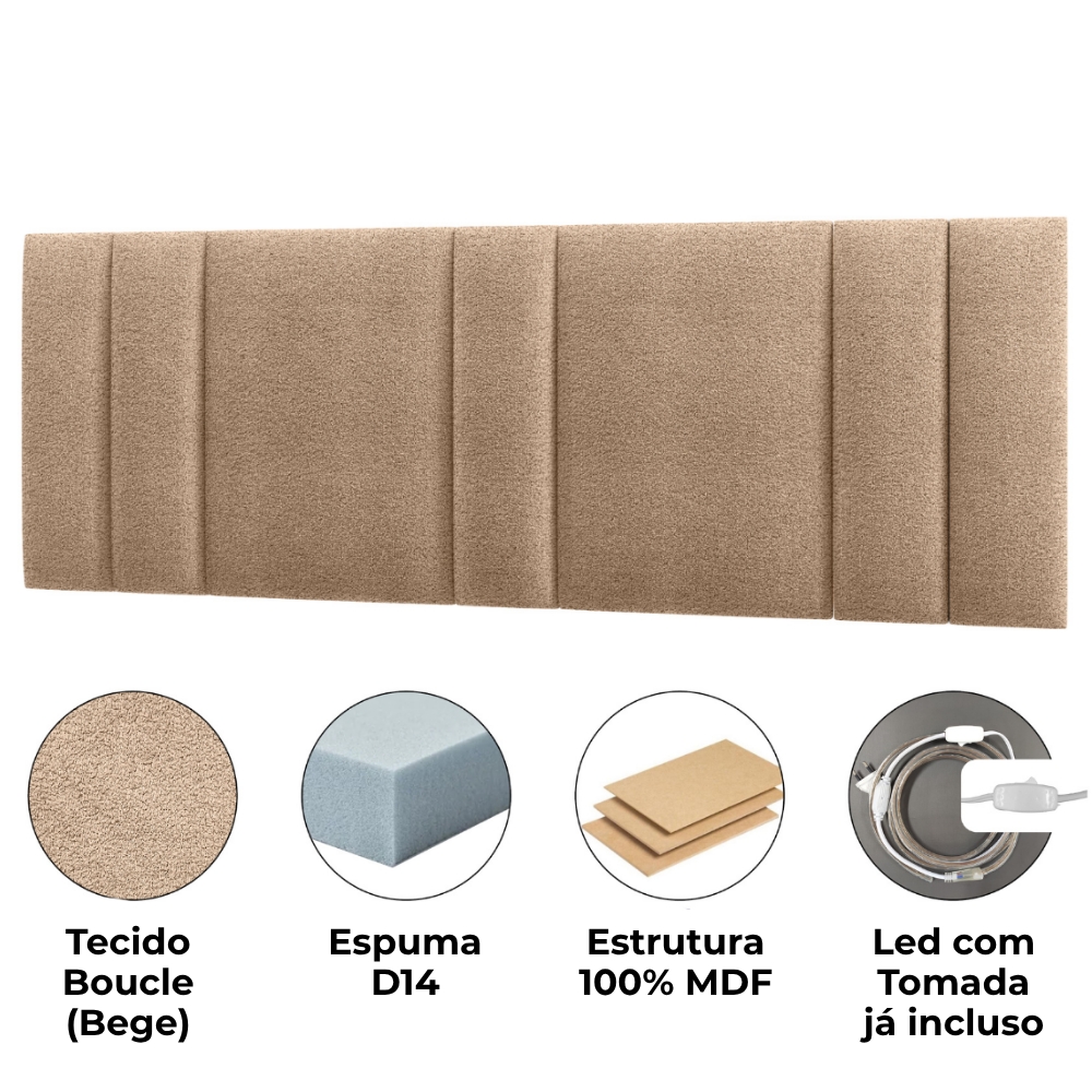 Cabeceira Modulada King 200 cm Com Led Boucle Bege Milani Store