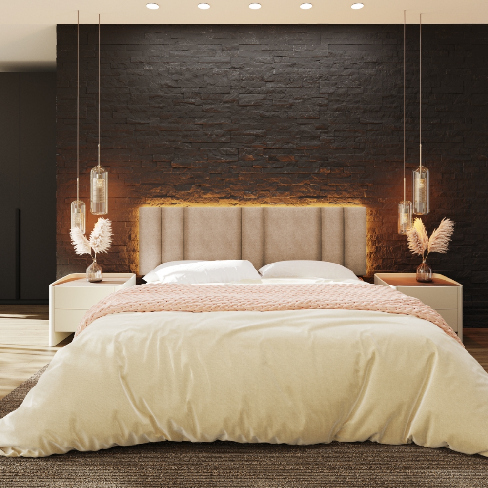 Cabeceira Modulada King 200 cm Com Led Boucle Bege Milani Store