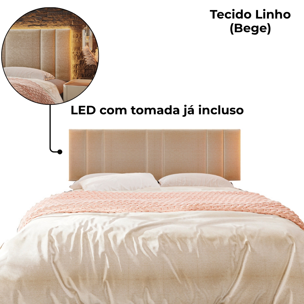 Cabeceira Modulada King 200 cm Com Led Linho Bege VConcept