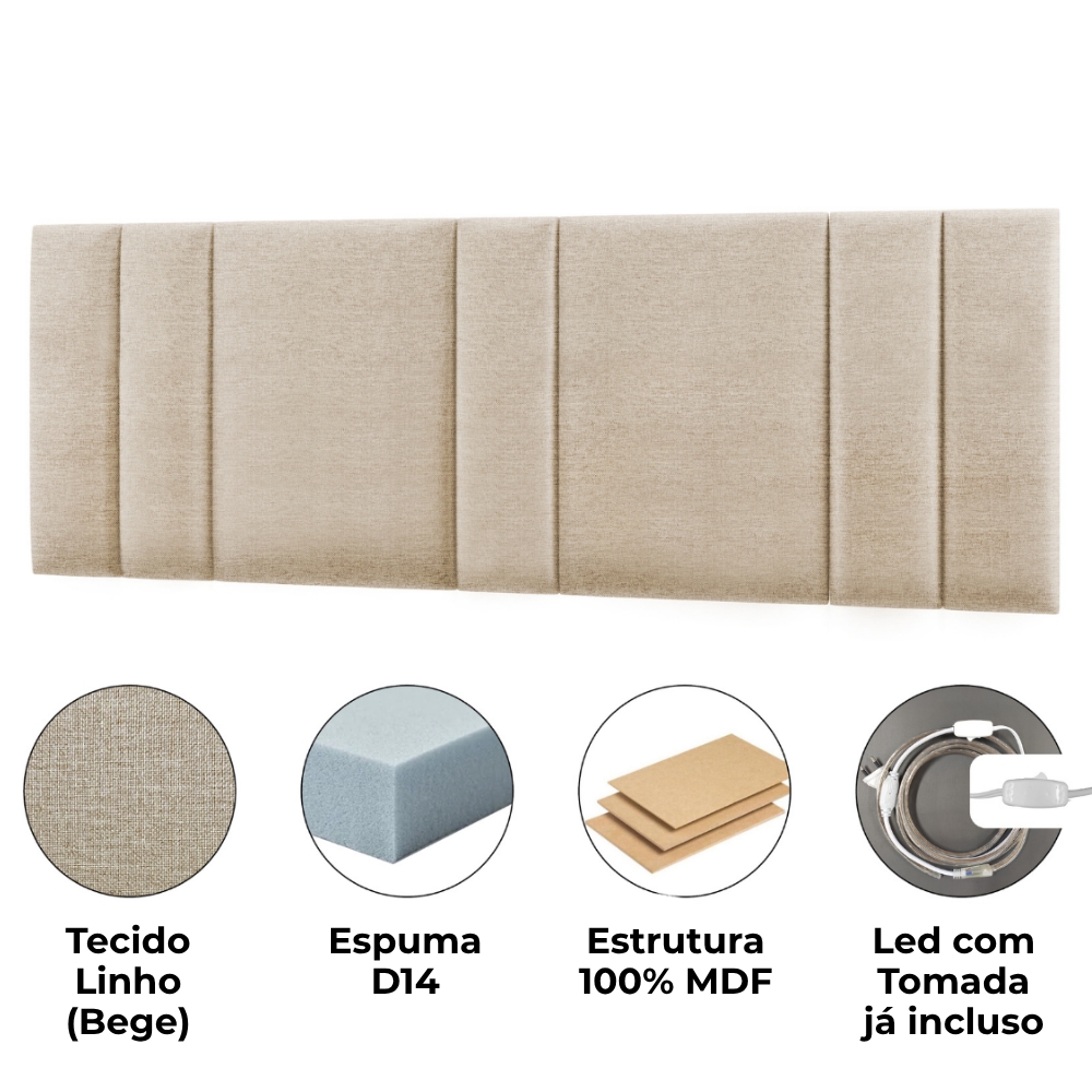 Cabeceira Modulada King 200 cm Com Led Linho Bege VConcept