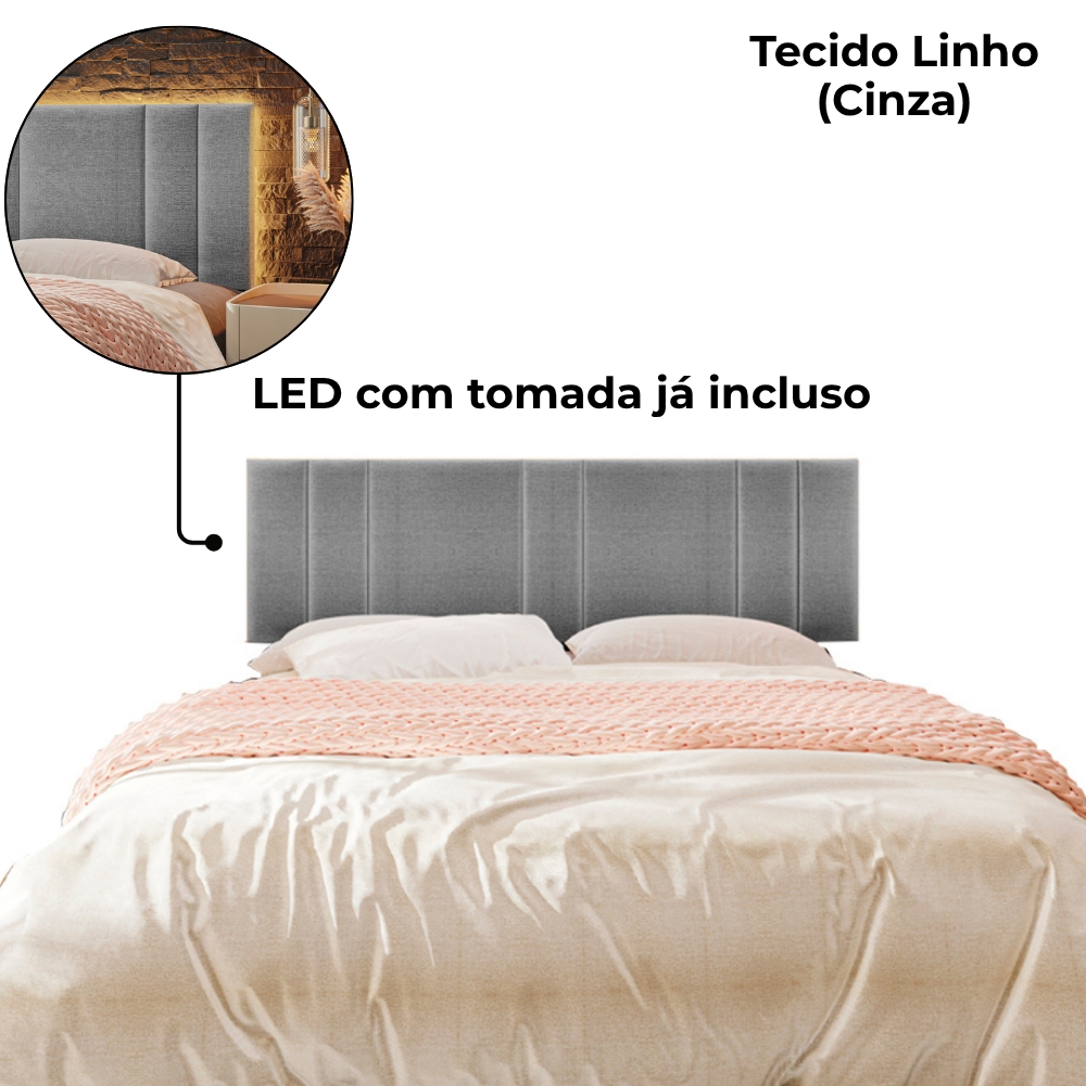 Cabeceira Modulada King 200 cm Com Led Linho Cinza VConcept