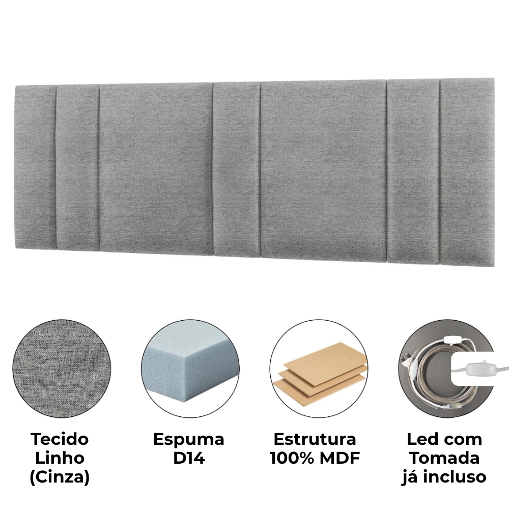 Cabeceira Modulada King 200 cm Com Led Linho Cinza VConcept