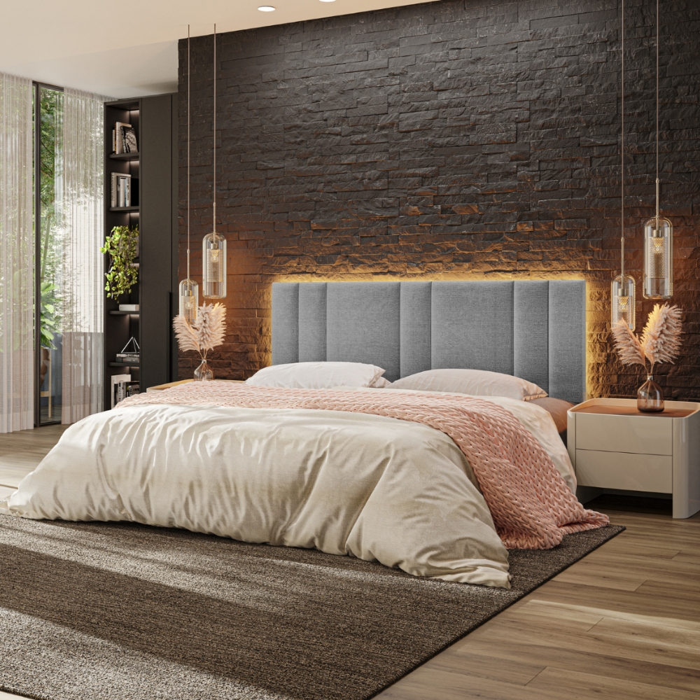 Cabeceira Modulada King 200 cm Com Led Linho Cinza VConcept
