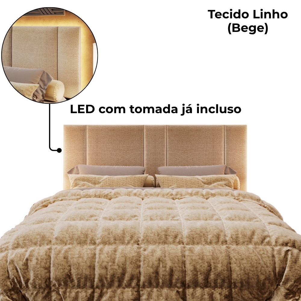 Cabeceira Modulada Queen 160 cm Com Led Linho Bege Milani Store