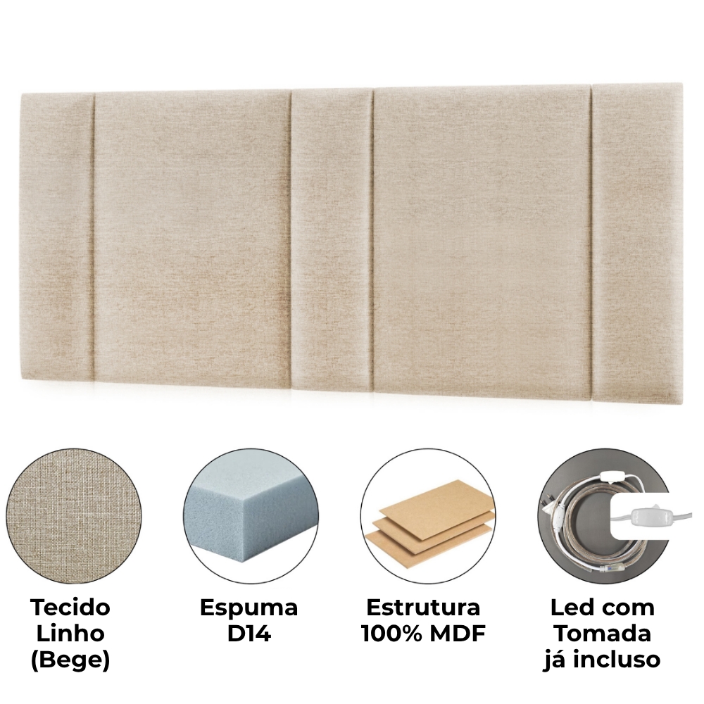 Cabeceira Modulada Queen 160 cm Com Led Linho Bege Milani Store
