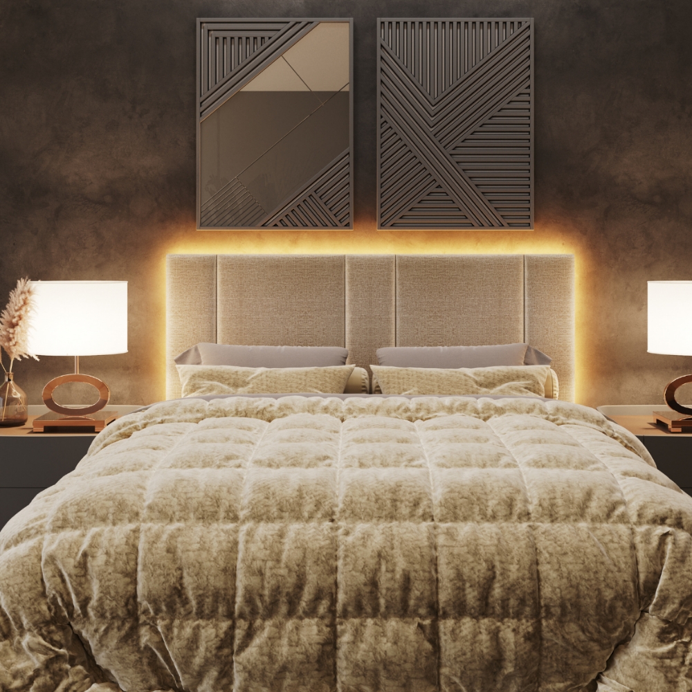 Cabeceira Modulada Queen 160 cm Com Led Linho Bege Milani Store